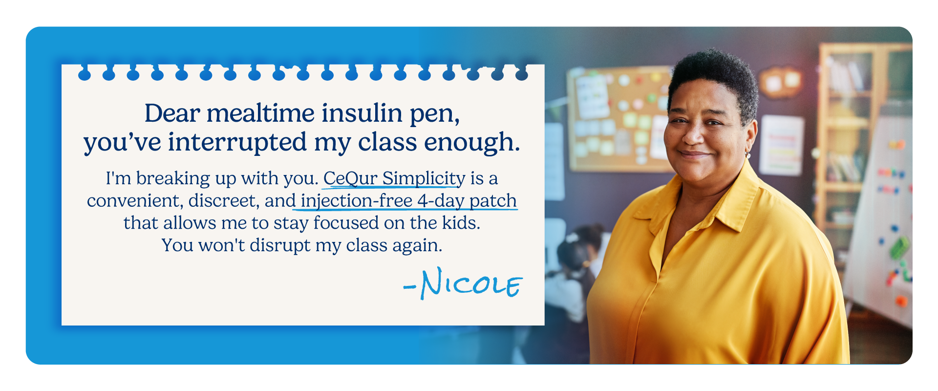 Female teacher showing she uses the CeQur Simplicity Wearable Insulin Patch