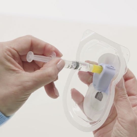 Step one of preparing to use the CeQur Simplicity wearable patch